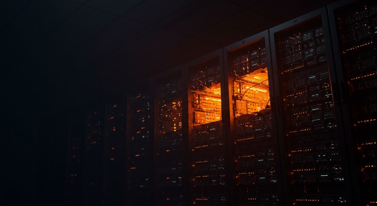 Infraestructura de nube AWS fallando con elementos digitales en naranja y negro, representando el riesgo sistémico y la arquitectura multi-región para startups.