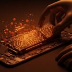 Batería extraíble de dispositivo electrónico en colores naranja y negro, representando la nueva regulación de hardware sostenible de la UE 2027.