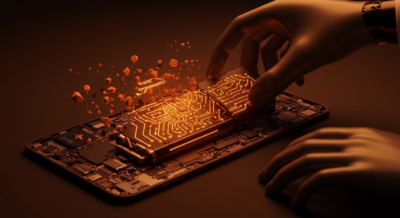 Batería extraíble de dispositivo electrónico en colores naranja y negro, representando la nueva regulación de hardware sostenible de la UE 2027.