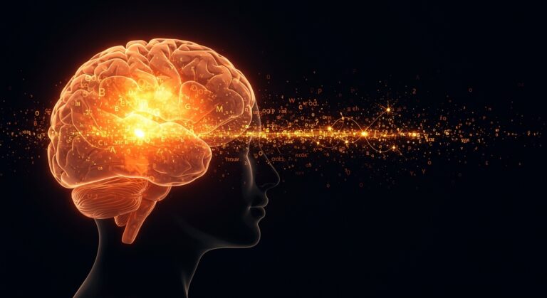 Representación visual de interfaz cerebro-computadora BCI y procesamiento neuronal del lenguaje en tonos naranja y negro.