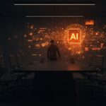 CEO y junta directiva debatiendo sobre gobernanza de IA en un entorno de transformación digital de alta tecnología.
