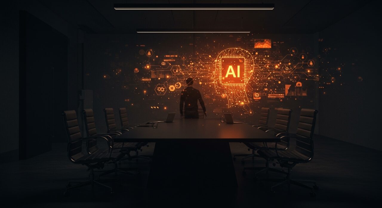 CEO y junta directiva debatiendo sobre gobernanza de IA en un entorno de transformación digital de alta tecnología.