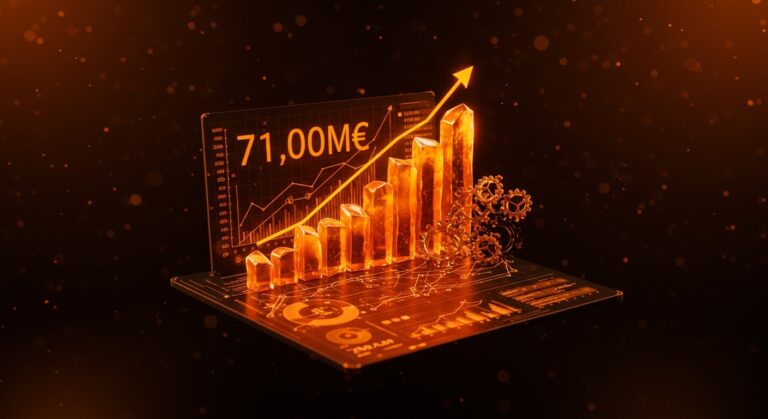 Representación visual de beneficios récord y crecimiento financiero impulsado por IA y automatización para startups.