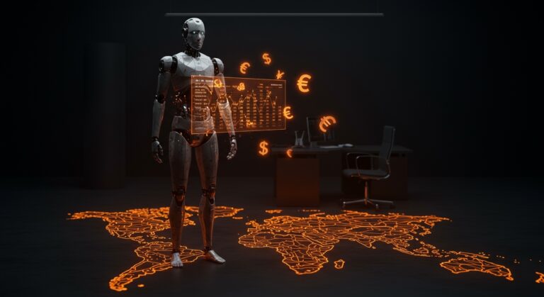Representación conceptual de la fiscalidad robótica e impuestos a la IA según Bill Gates para startups tecnológicas.