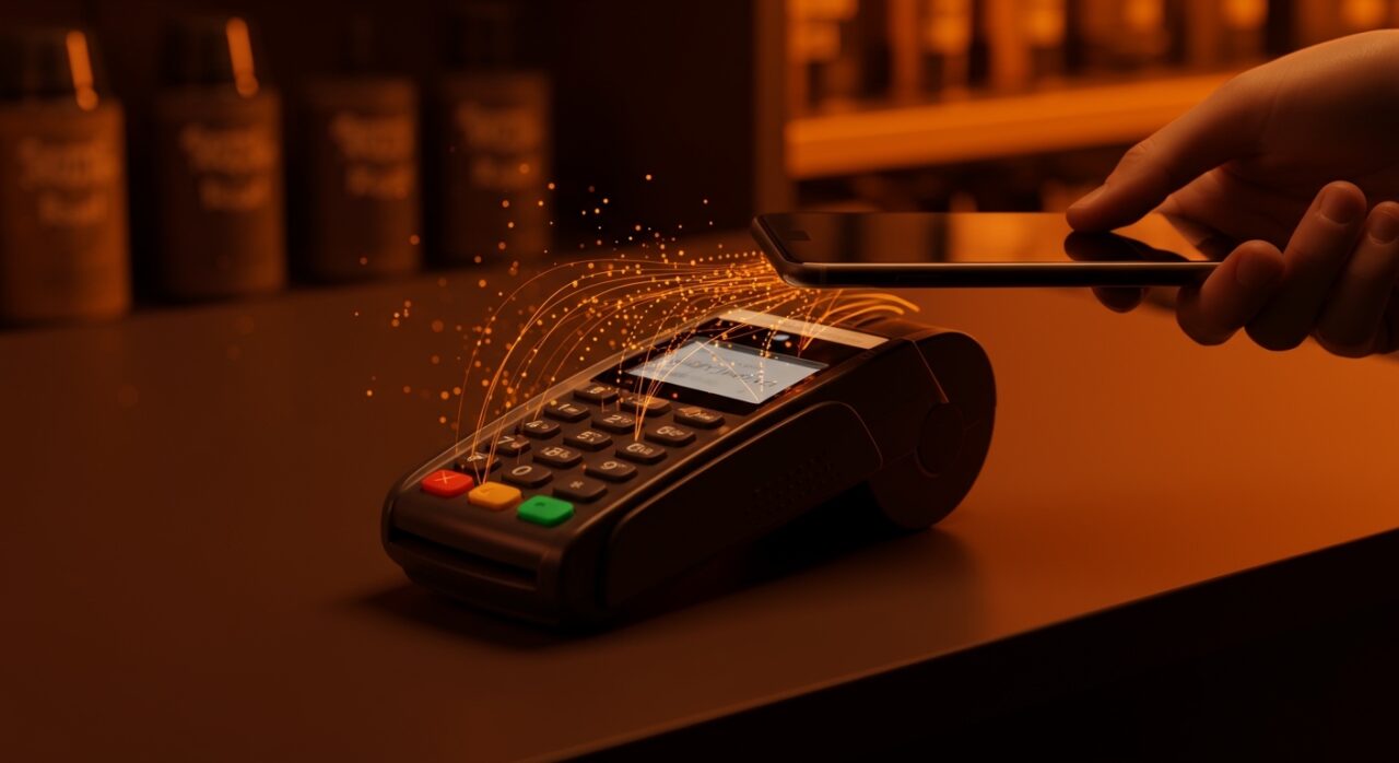 Usuario realizando un pago móvil con Bizum NFC en un comercio físico, representando la evolución de las fintech en España.