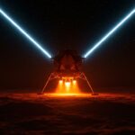 Aterrizador lunar conceptual en tonos naranja y negro, representando la competencia entre Blue Origin y SpaceX en el programa NASA Artemis.