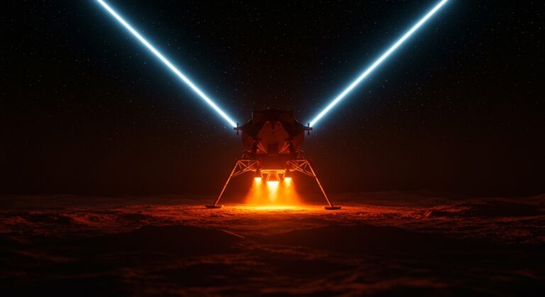 Aterrizador lunar conceptual en tonos naranja y negro, representando la competencia entre Blue Origin y SpaceX en el programa NASA Artemis.