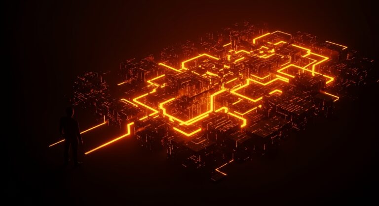 Concepto de deuda técnica y boolean blindness representado por un laberinto de código digital en naranja y negro.