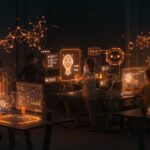 Equipo de startup creando un bot IA sin código con interfaces futuristas, reflejando herramientas no-code y automatización conversacional para emprendedores hispanohablantes.