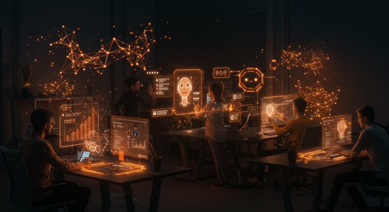 Equipo de startup creando un bot IA sin código con interfaces futuristas, reflejando herramientas no-code y automatización conversacional para emprendedores hispanohablantes.
