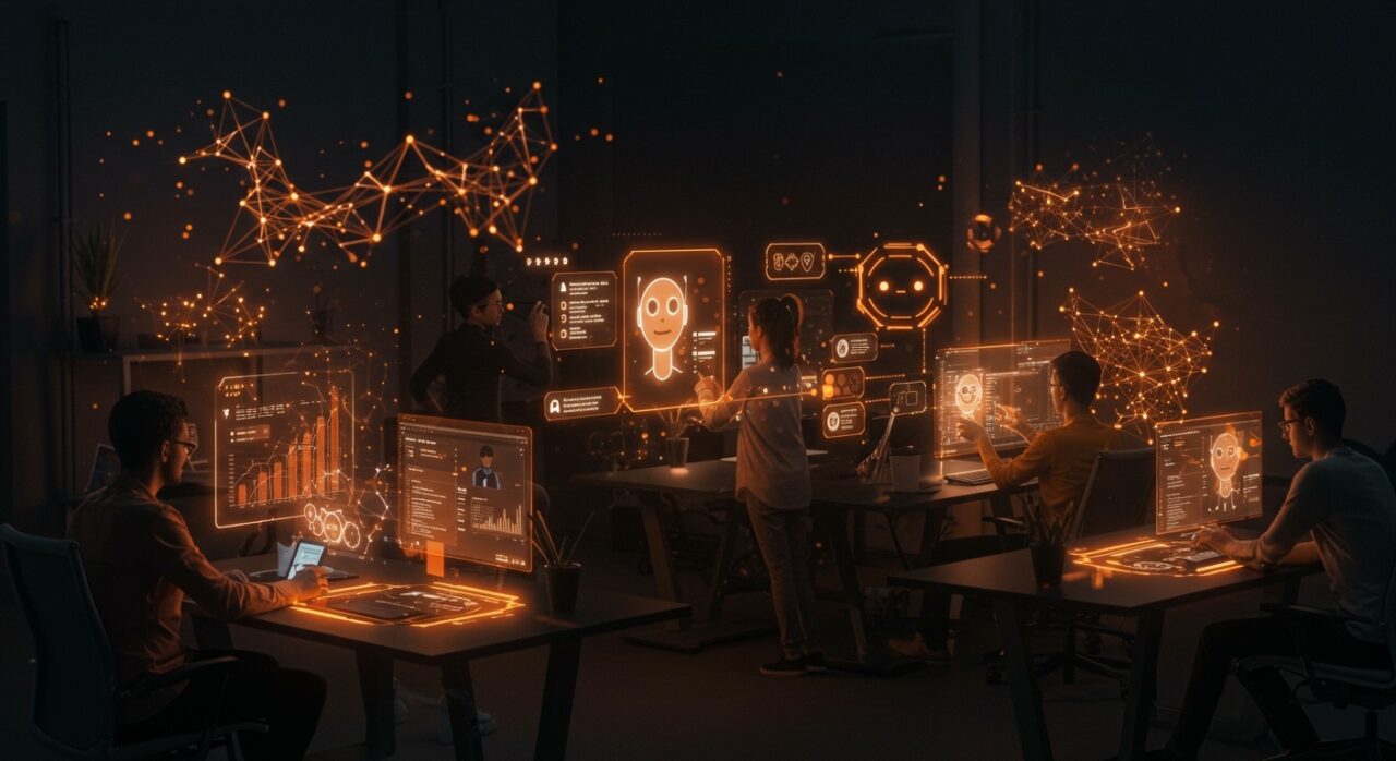 Equipo de startup creando un bot IA sin código con interfaces futuristas, reflejando herramientas no-code y automatización conversacional para emprendedores hispanohablantes.