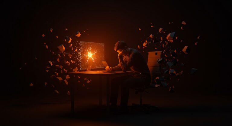 Founder de startup sufriendo burnout tecnológico, buscando recuperar la chispa creativa en un entorno de desarrollo software.