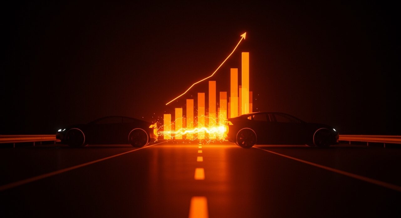 Comparativa visual de crecimiento de vehículos eléctricos BYD frente a Tesla, simbolizando la expansión de la electromovilidad en Europa.