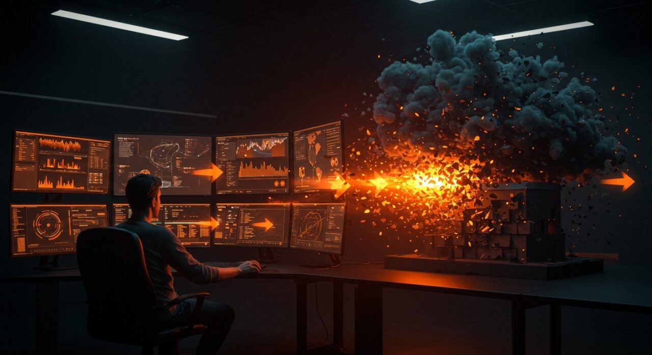 Protección de startup tech contra ataques DDoS masivos, ilustrando la resiliencia digital y ciberseguridad.
