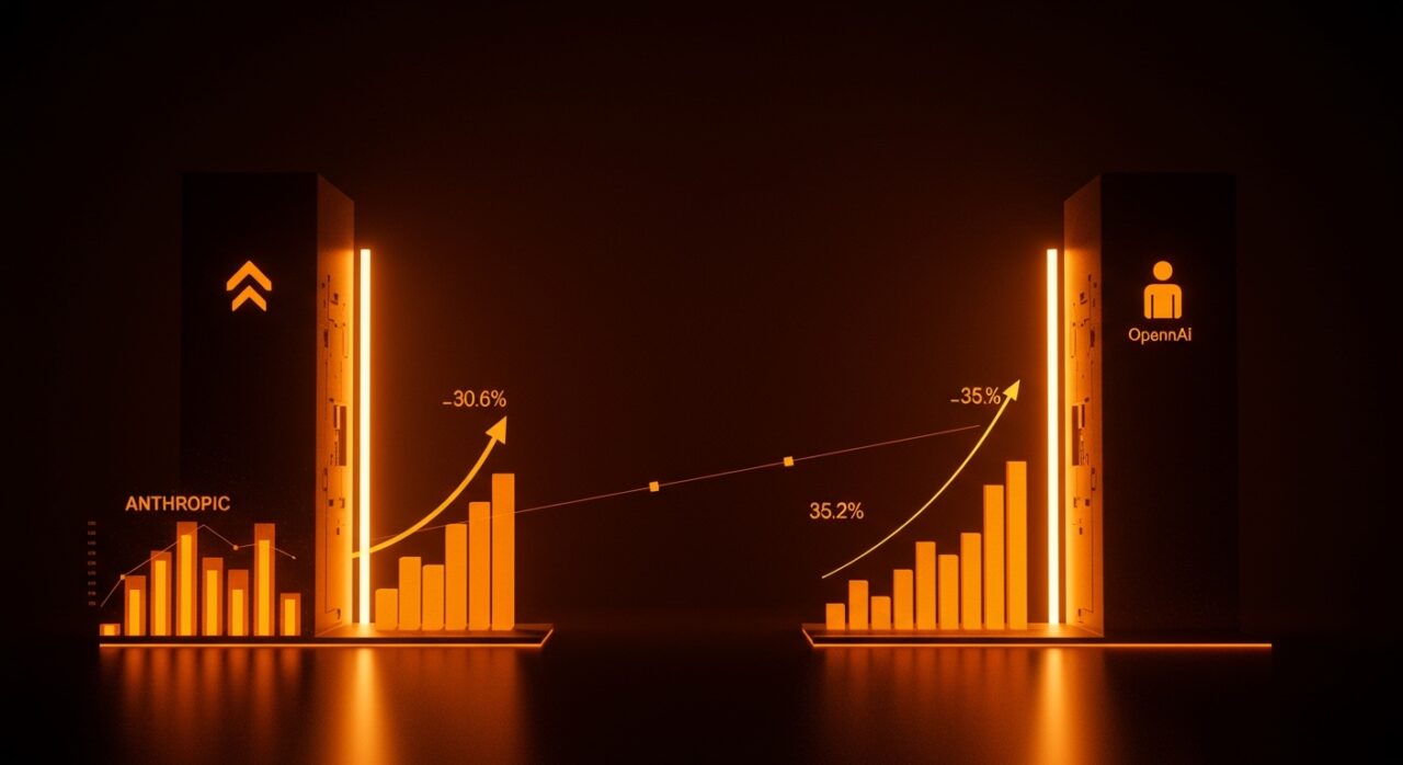 Comparativa visual de adopción de IA empresarial entre Anthropic y OpenAI, representando la competencia en el mercado B2B de LLMs.