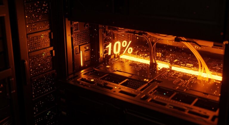 Infraestructura de centros de datos de IA con efectos de iluminación naranja y negro, representando el aumento de costos y el impacto financiero en startups.