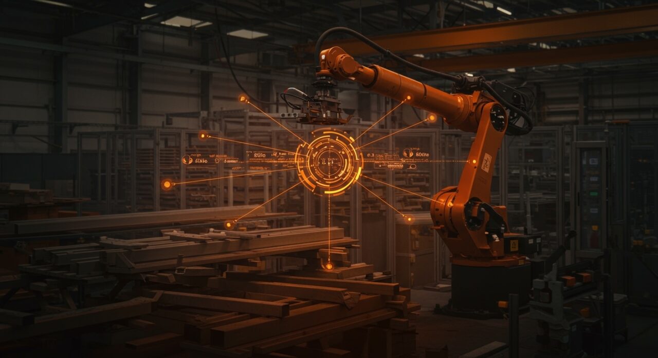 Automatización industrial y robótica en la producción de ladrillos para viviendas, representando la escalabilidad en la Industria 4.0.