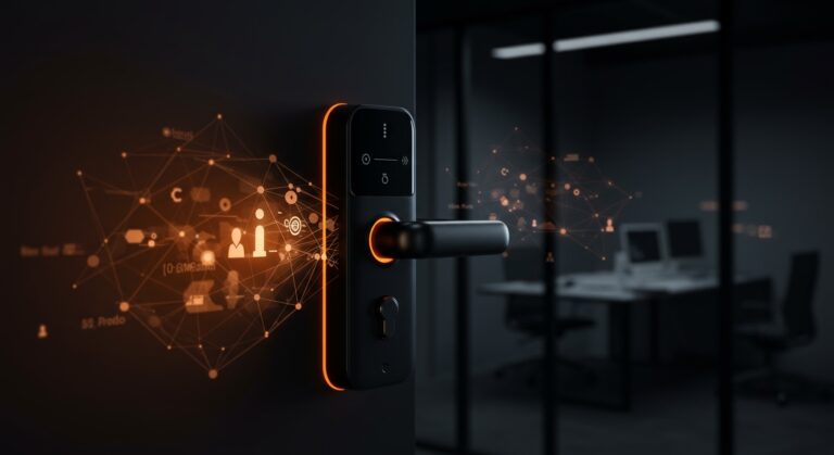 Cerradura inteligente con tecnología Matter y Apple Home Key, automatización de seguridad para espacios de trabajo modernos.