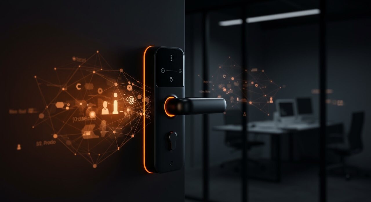 Cerradura inteligente con tecnología Matter y Apple Home Key, automatización de seguridad para espacios de trabajo modernos.