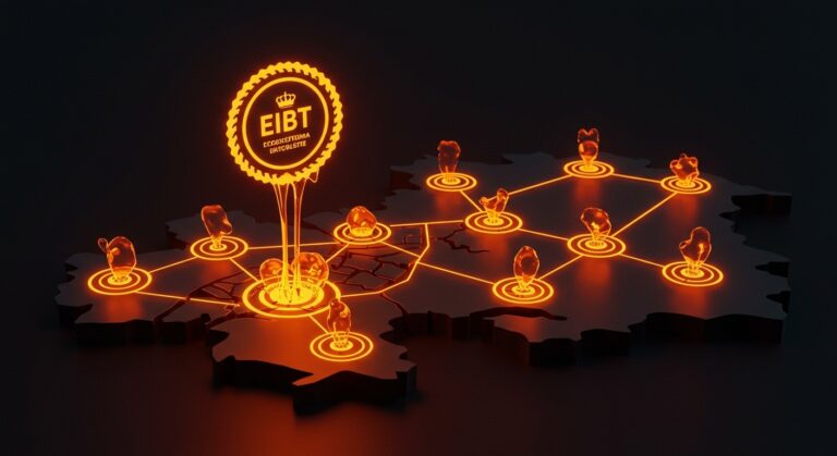 Símbolo de certificación tecnológica y crecimiento de startups en Murcia con elementos de innovación y subvenciones EIBT.