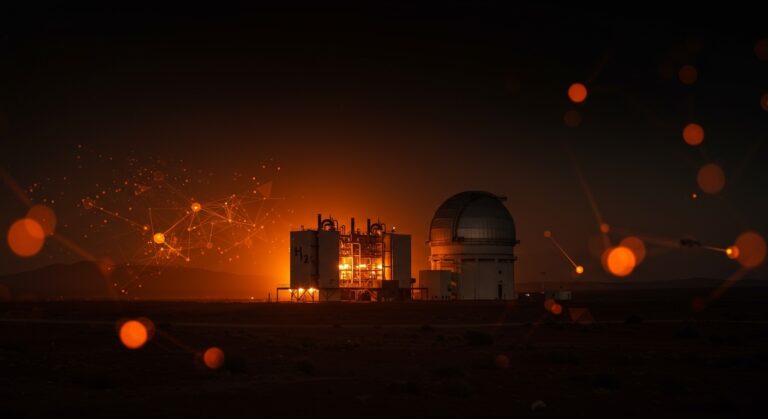 Proyecto de hidrógeno verde cancelado en el desierto de Atacama junto a observatorio astronómico, reflejando conflicto entre energías renovables y astronomía en Chile.