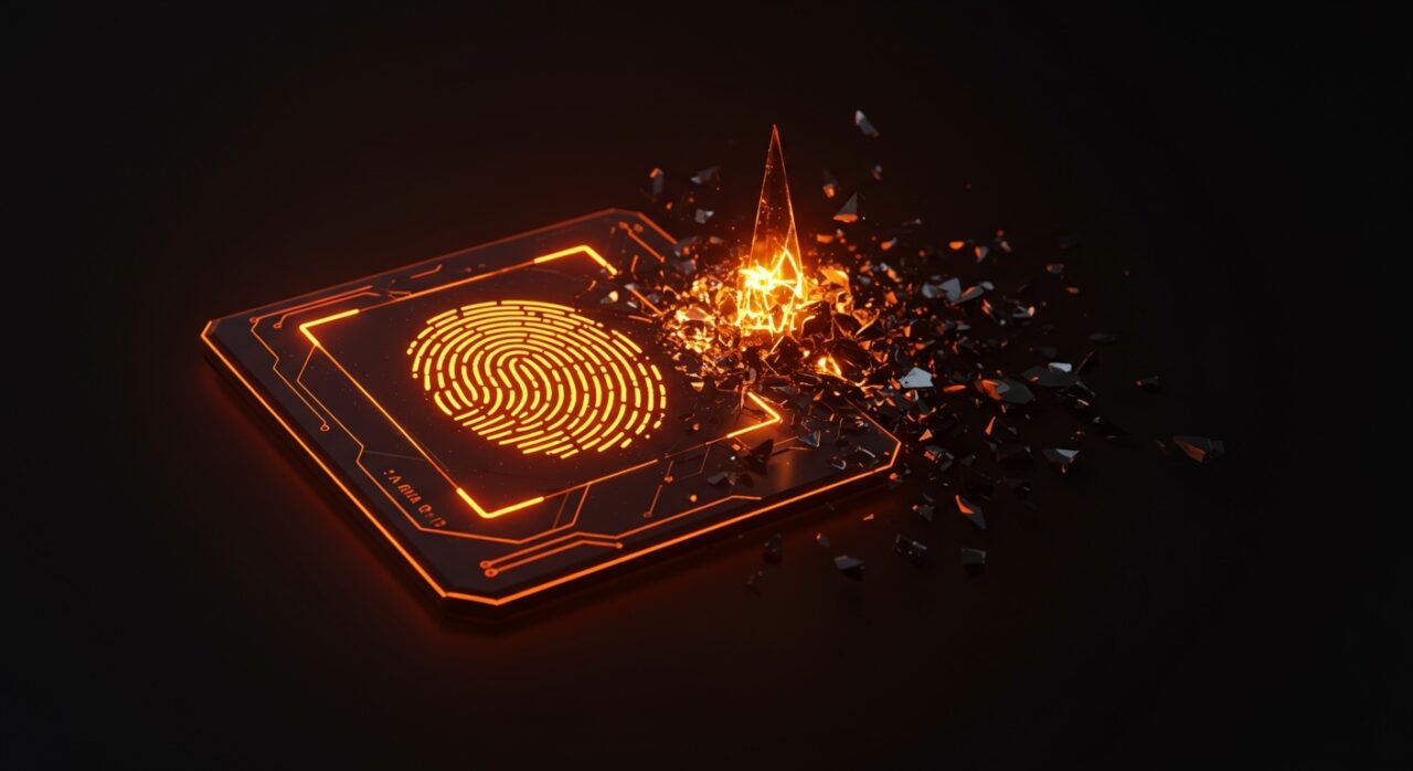 Ciberseguridad en startups: representación visual de una brecha de datos biométricos y protección digital en el sector healthtech.