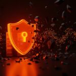 Escudo digital naranja protegiendo datos de una startup contra ciberataques y brechas de seguridad en 2025.
