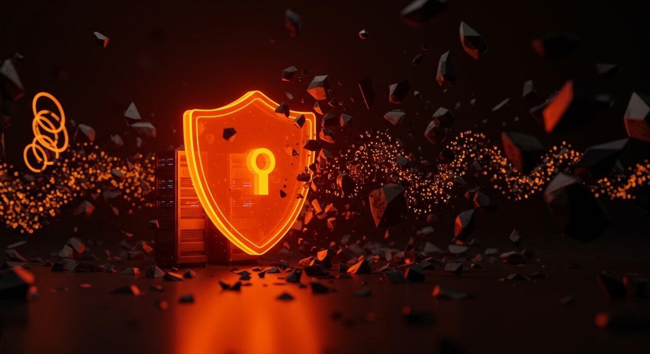 Escudo digital naranja protegiendo datos de una startup contra ciberataques y brechas de seguridad en 2025.