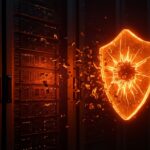 Escudo digital naranja protegiendo servidores Linux contra vulnerabilidades de ciberseguridad Copy Fail en startups.