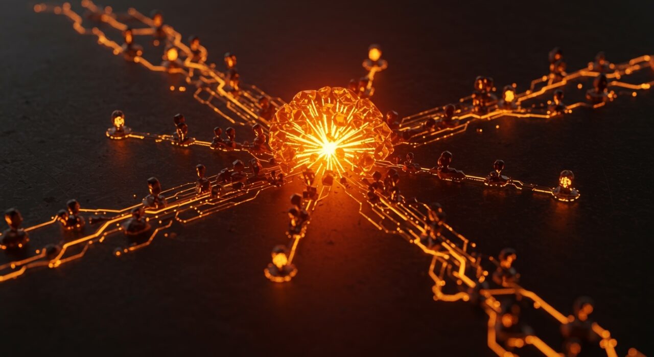 Visualización conceptual de IA agéntica y eficiencia operativa inspirada en la reestructuración de Cloudflare para startups.