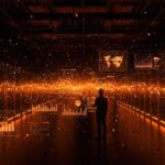 Inversión de Coatue en data centers para IA representada con infraestructura tecnológica y redes neuronales en colores naranja y negro.