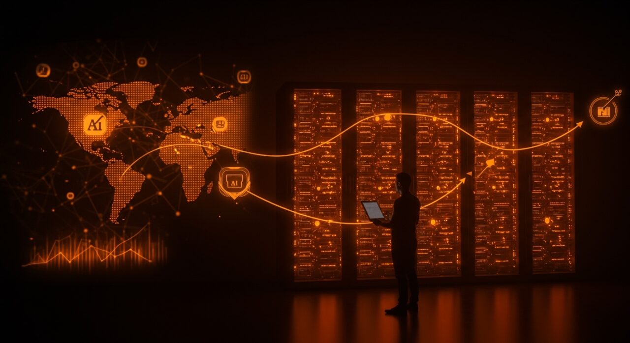 Fundador frente a un data center moderno iluminado en tonos naranja, simbolizando la inversión en infraestructura IA y su impacto en startups de España y Latam.