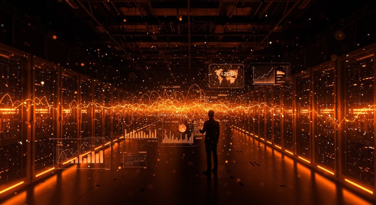 Inversión de Coatue en data centers para IA representada con infraestructura tecnológica y redes neuronales en colores naranja y negro.