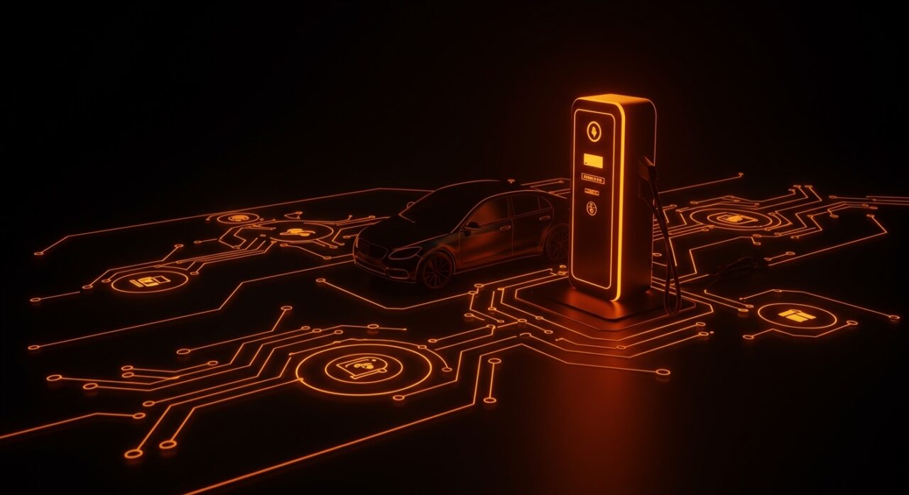 Gráfico abstracto de eficiencia energética en coches eléctricos para optimizar el ahorro y la gestión de carga.