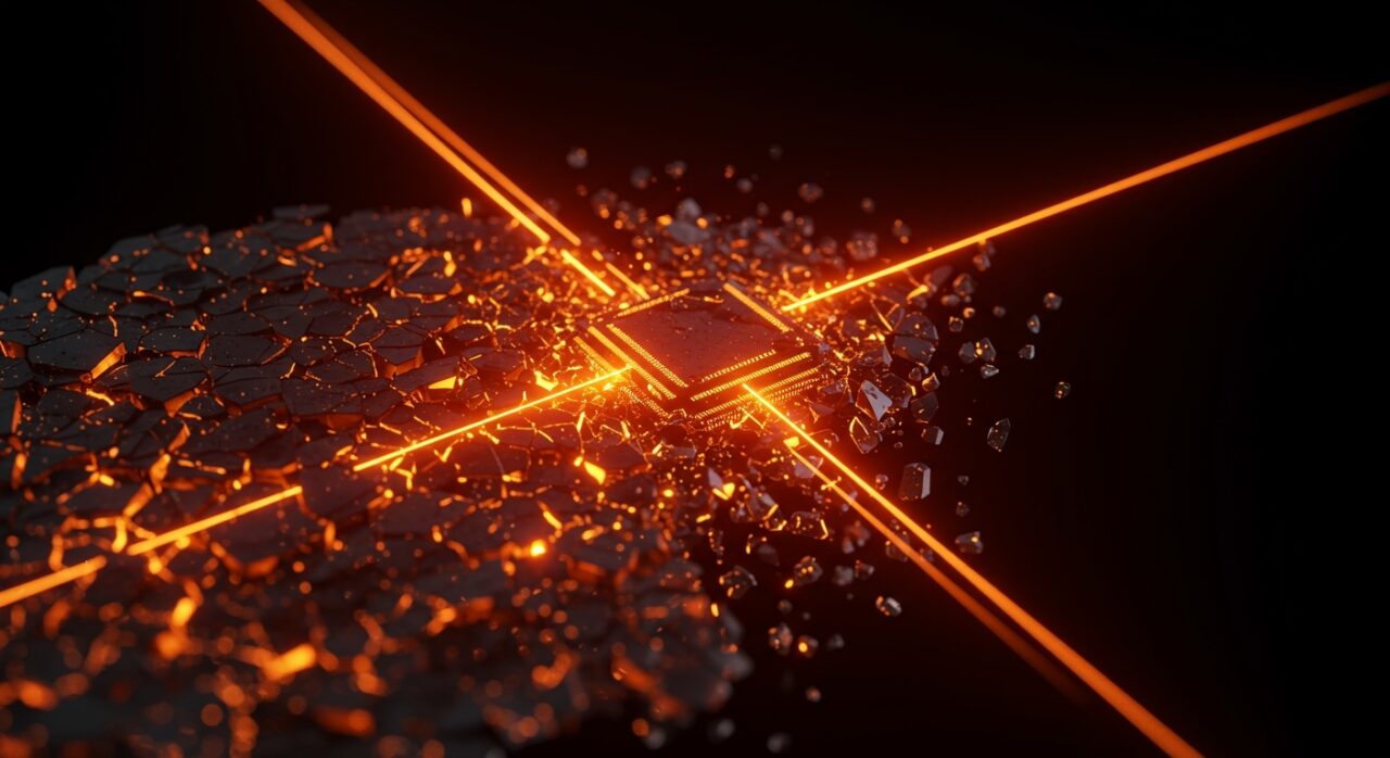 Representación visual de deuda técnica en código generado por IA, mostrando la fragilidad del software y la necesidad de refactorización.