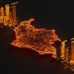 Mapa digital de Colombia con nodos de inversión tecnológica representando el crecimiento del ecosistema startup y el Colombia Tech Report 2026.