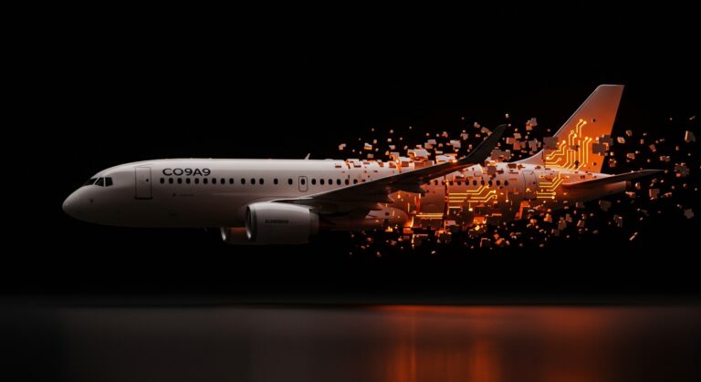 Avión COMAC C919 en un entorno digital naranja y negro, simbolizando la competencia aeroespacial y la soberanía tecnológica de China.