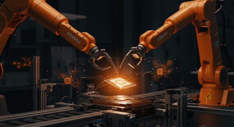 Brazo robótico industrial avanzado en entorno de manufactura, representando la alianza estratégica entre COMAU y Omron para la automatización industrial.