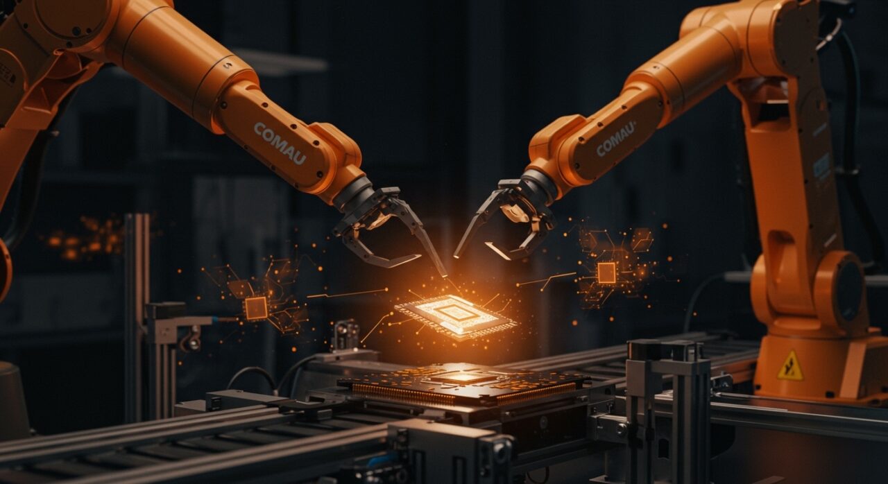 Brazo robótico industrial avanzado en entorno de manufactura, representando la alianza estratégica entre COMAU y Omron para la automatización industrial.