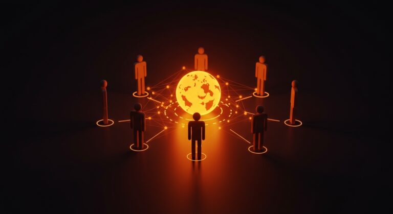 Imagen conceptual de comunidad tecnológica y conexión digital en tonos negro y naranja.