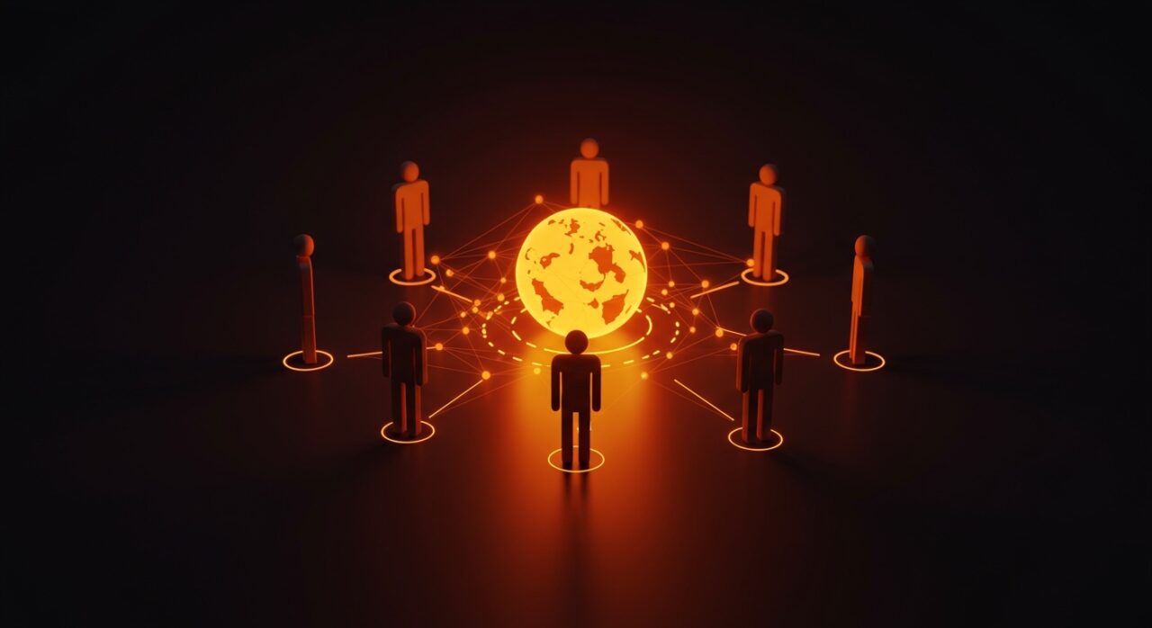 Imagen conceptual de comunidad tecnológica y conexión digital en tonos negro y naranja.