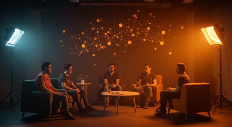 Comunidad de emprendedores tech y founders hispanos colaborando en un entorno dinámico de ecosistema startup.
