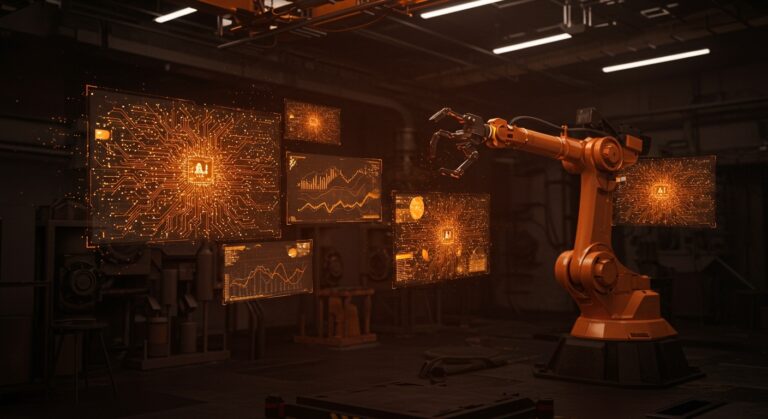 Representación conceptual de infraestructura de datos robóticos e IA física con colores naranja y negro, simbolizando la inversión de Samsung y LG en Config.