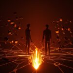 Representación conceptual de conflictos entre socios fundadores de una startup con elementos visuales de tensión y ruptura digital.