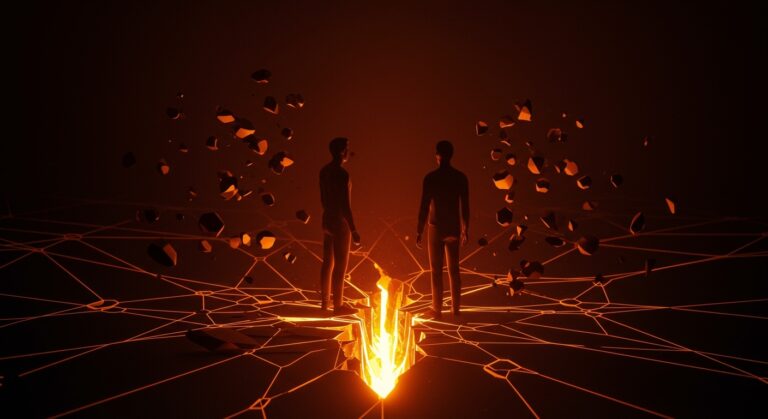 Representación conceptual de conflictos entre socios fundadores de una startup con elementos visuales de tensión y ruptura digital.
