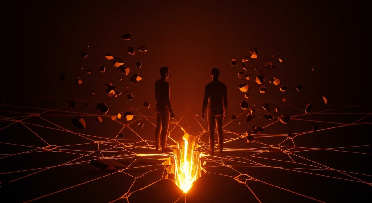 Representación conceptual de conflictos entre socios fundadores de una startup con elementos visuales de tensión y ruptura digital.