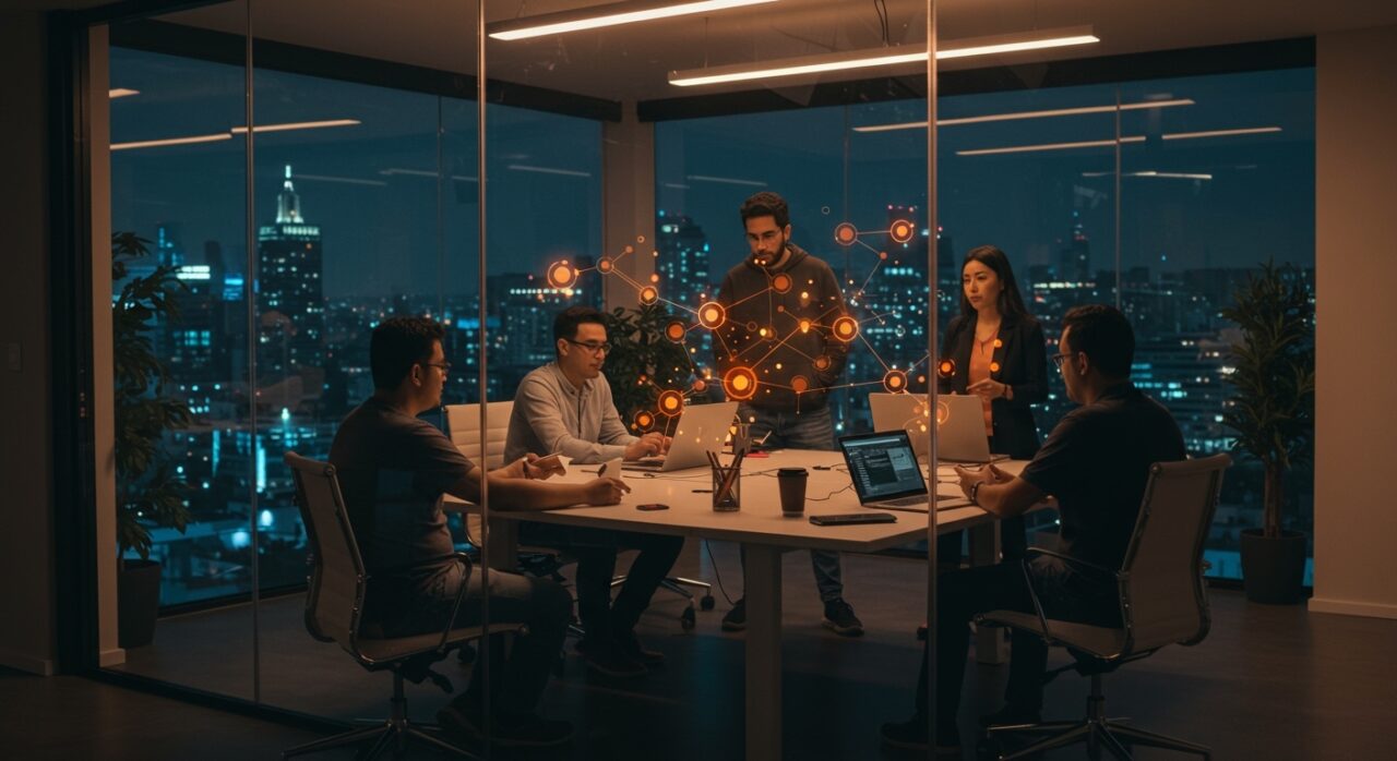 Founders hispanos colaborando en el ecosistema startup tech para generar contenido de valor.