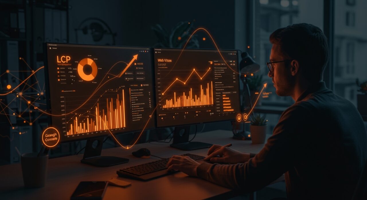 Visualización digital de las métricas Core Web Vitals LCP, INP y CLS para optimización SEO de startups en una paleta naranja y negra de Ecosistema Startup.