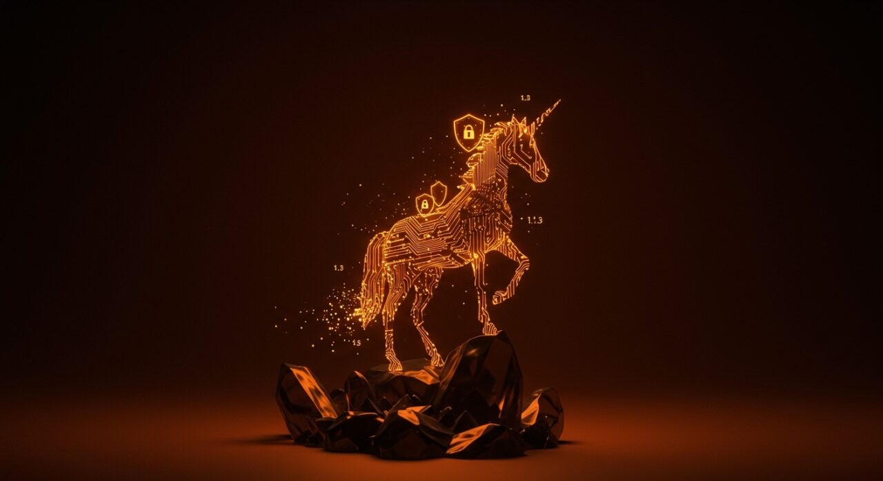 Representación visual de Corgi InsurTech como unicornio tecnológico, destacando la inteligencia artificial aplicada a los seguros y el crecimiento exponencial.