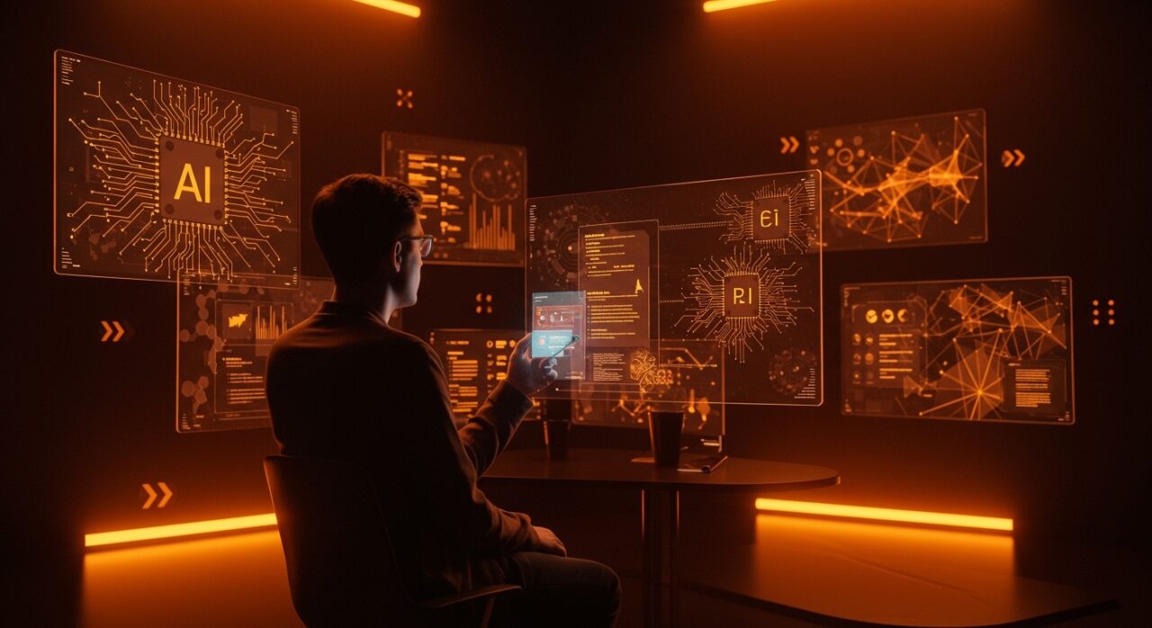 Fundador tecnológico utilizando herramientas de inteligencia artificial para creación de contenido en 2026 con flujo de trabajo humano y marco legal europeo.